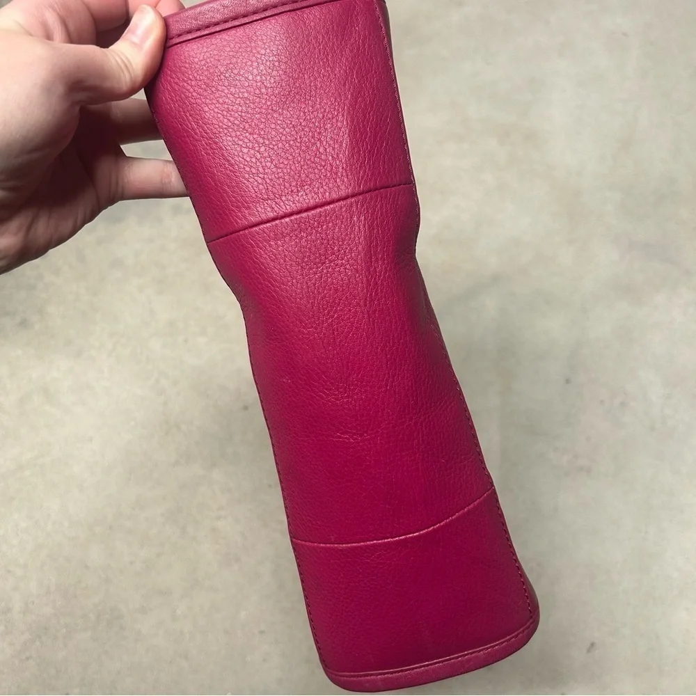 Tory Burch Britten Pebbled Slouchy Tote Shoulder Purse Magenta Pink & Gold